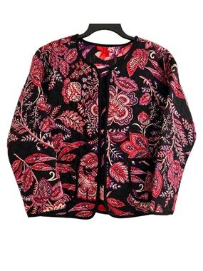 Long Sleeve Floral Quilted Reversible Jacket Black Pink Purple Size S